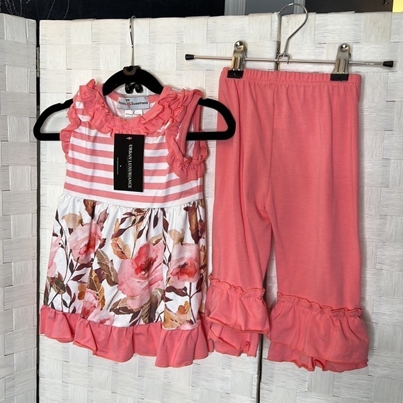 Set Includes Rose Floral & Stripe Print Top With Ruffle Detail - Picture 4 of 9